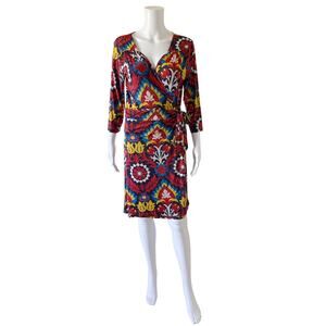 Isle Melis Kozan Aztec Tribal Wrap Dress 3/4 Sleeve V Neck Small